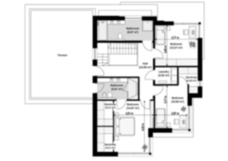 Second-floor architectural plan with multiple bedrooms and a terrace, ideal for modern townhouse and villa plans