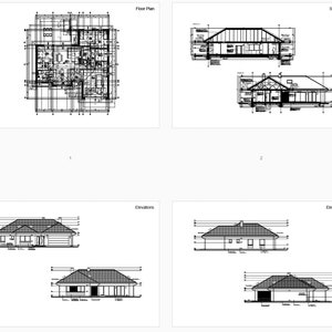 Detailed house blueprint showing floor plans, sections, and elevations of a modern residential design, perfect for house plans and architectural projects.