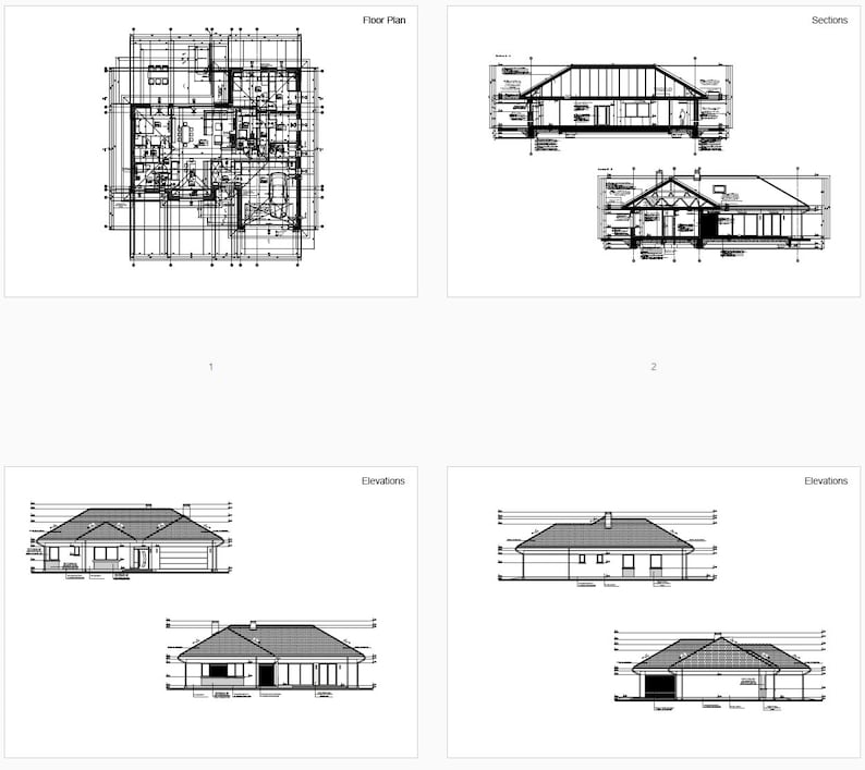 Detailed house blueprint showing floor plans, sections, and elevations of a modern residential design, perfect for house plans and architectural projects.