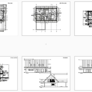 Architectural blueprints of a modern villa featuring detailed floor plans, cross-sections, and elevations. Includes ground and attic layouts with precise measurements, ideal for professional construction and design use.