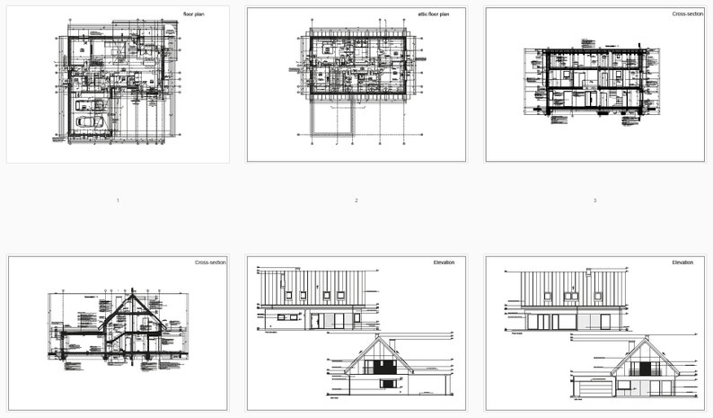 Architectural blueprints of a modern villa featuring detailed floor plans, cross-sections, and elevations. Includes ground and attic layouts with precise measurements, ideal for professional construction and design use.