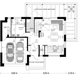 Pu&ograve; includere: Una planimetria architettonica in bianco e nero di una casa con garage per due auto, soggiorno, cucina, ufficio, bagno, locale caldaia, ingresso, vestibolo e una terrazza coperta con pergola e una zona vetrata.