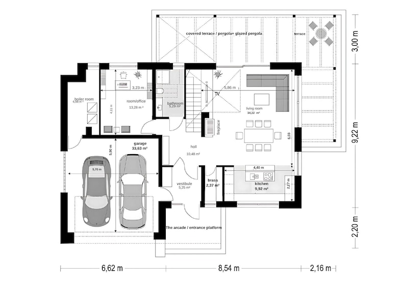 Pu&ograve; includere: Una planimetria architettonica in bianco e nero di una casa con garage per due auto, soggiorno, cucina, ufficio, bagno, locale caldaia, ingresso, vestibolo e una terrazza coperta con pergola e una zona vetrata.