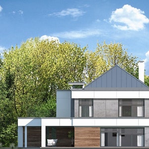 Contemporary House Design with Natural Surroundings
"Rear view of a Scandinavian-inspired house surrounded by lush greenery, emphasizing large windows and minimalist design. Includes complete floor plans."