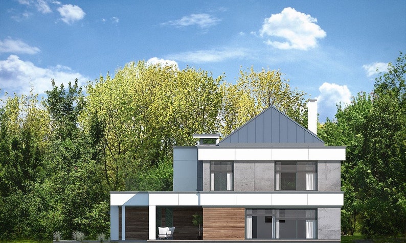 Contemporary House Design with Natural Surroundings
"Rear view of a Scandinavian-inspired house surrounded by lush greenery, emphasizing large windows and minimalist design. Includes complete floor plans."
