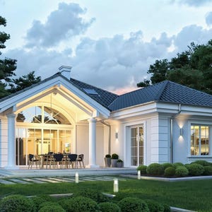 May include: A single-story white house with a dark tiled roof, featuring a large arched glass facade supported by two white columns, a covered patio with outdoor dining furniture, and exterior wall lighting in a landscaped garden.