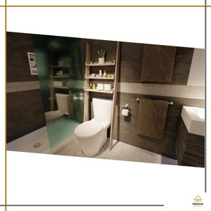 May include: A bathroom interior featuring a white toilet with a light wood ladder shelf positioned directly above it. The shelf holds various small bottles and a potted plant. Dark horizontal wall tiles and brown towels are visible.
