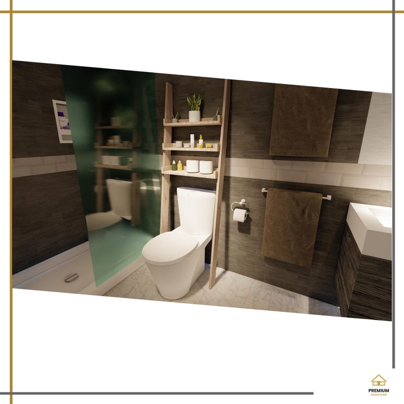 May include: A bathroom interior featuring a white toilet with a light wood ladder shelf positioned directly above it. The shelf holds various small bottles and a potted plant. Dark horizontal wall tiles and brown towels are visible.