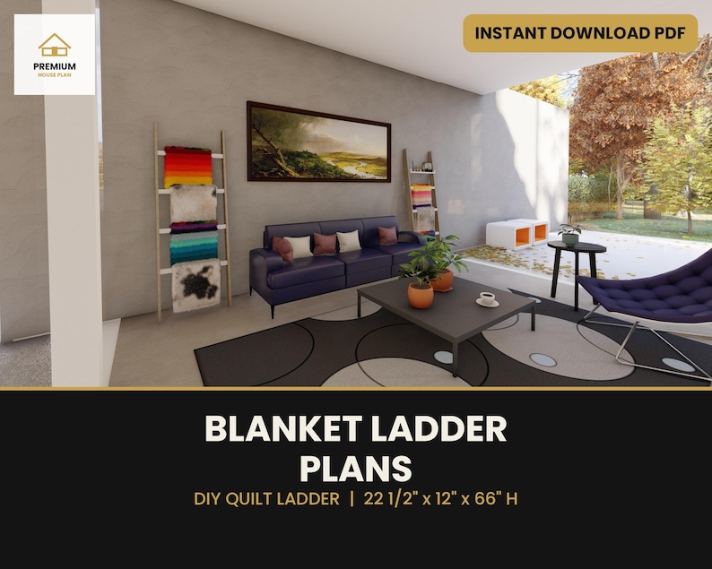 Dekenladder Bouwtekening, DIY Quilt Ladder, Leunende Decoratieve Dekenhouder voor Plaids en Handdoeken, Houtbewerking PDF Plan afbeelding 1