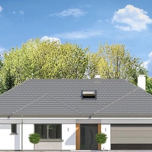 Minimalist front elevation of a single-story house with a gray tiled roof and neat landscaping, suited for house blueprint needs.
