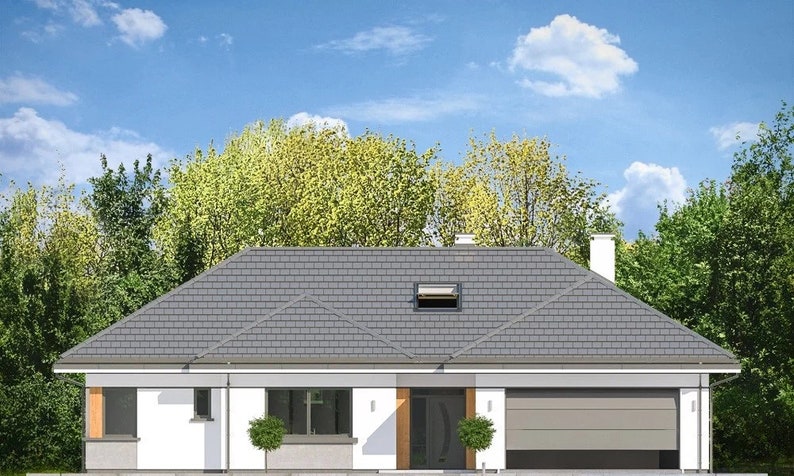 Minimalist front elevation of a single-story house with a gray tiled roof and neat landscaping, suited for house blueprint needs.