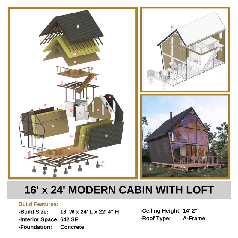 16' x 24' modern cabin with loft, featuring A-frame design, 642 sq ft interior space, and concrete foundation. Includes detailed house plans, exploded view, and sections for easy construction. Perfect for small cabin plans or cottage house layouts.
