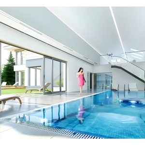 Luxurious indoor pool design with modern architecture and large sliding glass doors opening to an outdoor garden. Ideal for contemporary house plans featuring premium amenities for relaxation and leisure. Perfect for elegant and functional living.
