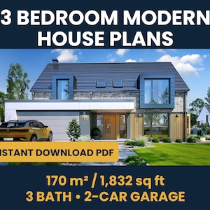 Pu&ograve; includere: Un rendering architettonico digitale di una casa a due piani con facciata in mattoni, un garage per due auto e un'auto gialla parcheggiata nel vialetto. Il testo recita 3 BEDROOM MODERN HOUSE PLANS, INSTANT DOWNLOAD PDF, 170 m2 / 1,832 sq ft, 3 BATH, 2-CAR GARAGE.