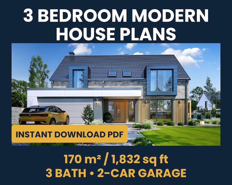 Pu&ograve; includere: Un rendering architettonico digitale di una casa a due piani con facciata in mattoni, un garage per due auto e un'auto gialla parcheggiata nel vialetto. Il testo recita 3 BEDROOM MODERN HOUSE PLANS, INSTANT DOWNLOAD PDF, 170 m2 / 1,832 sq ft, 3 BATH, 2-CAR GARAGE.