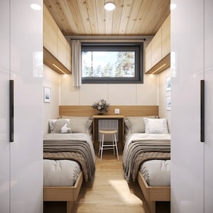 Compact bedroom design for modern house plans or tiny home plans, featuring twin beds, wooden accents, and built-in storage. Perfect for maximizing space in cottage house plans or small cabin layouts.