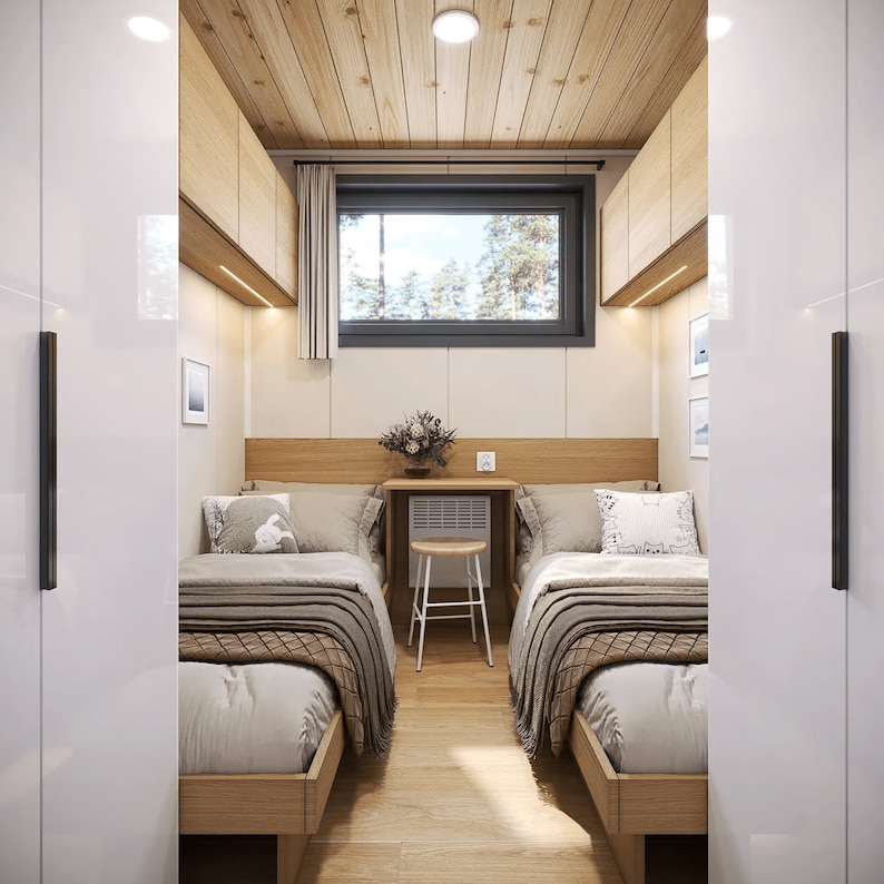 Compact bedroom design for modern house plans or tiny home plans, featuring twin beds, wooden accents, and built-in storage. Perfect for maximizing space in cottage house plans or small cabin layouts.