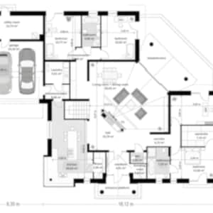 Detailed floor plan for a modern single-story house featuring a garage, multiple bedrooms, spacious living areas, and outdoor spaces. Perfect for architectural projects or DIY construction. Includes precise measurements for efficient planning.