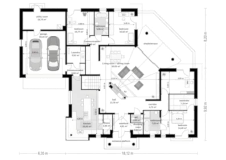 Detailed floor plan for a modern single-story house featuring a garage, multiple bedrooms, spacious living areas, and outdoor spaces. Perfect for architectural projects or DIY construction. Includes precise measurements for efficient planning.