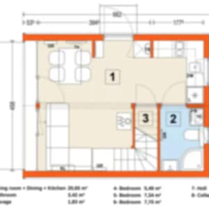 Floor plan featuring a combined living, dining, and kitchen area (20.05 m²), bathroom (3.42 m²), storage (1.23 m²), and bedrooms. Compact and functional layout designed for efficient use of space.