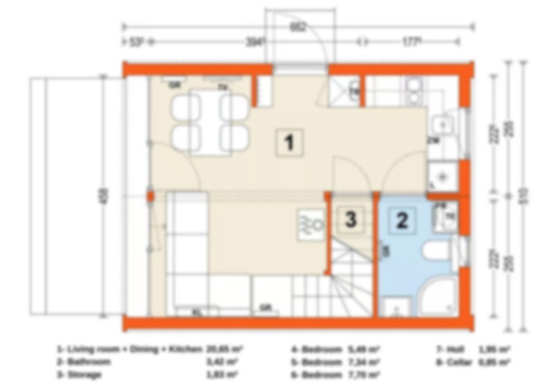 Floor plan featuring a combined living, dining, and kitchen area (20.05 m²), bathroom (3.42 m²), storage (1.23 m²), and bedrooms. Compact and functional layout designed for efficient use of space.