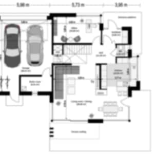 First-floor house blueprint displaying living spaces, garage, and entryway layout, a detailed component of villa floor plans