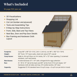 May include: An 18-page PDF plan set for a chicken coop with a run. Includes 3D visualizations, shopping list, cut list, assembly tips, and step-by-step instructions. Features a 96-inch by 96-inch coop and 96-inch by 192-inch run with nest boxes.