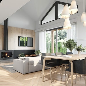 Rear Elevation:
Rear elevation of a modern single-story home with a large terrace, expansive windows, and wooden details blending with the natural surroundings.
