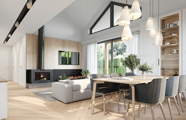 Rear Elevation:
Rear elevation of a modern single-story home with a large terrace, expansive windows, and wooden details blending with the natural surroundings.