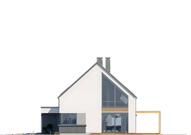 Side elevation of a modern house with large windows and minimalist design. Suitable for modern house plans or architectural designs.