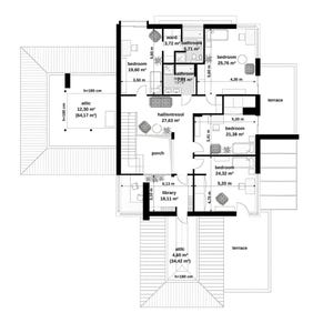 May include: A black and white architectural floor plan showing multiple rooms including bedrooms, bathrooms, a library, a porch, and attic spaces. The layout includes specific area measurements in square meters and dimensions in meters throughout.