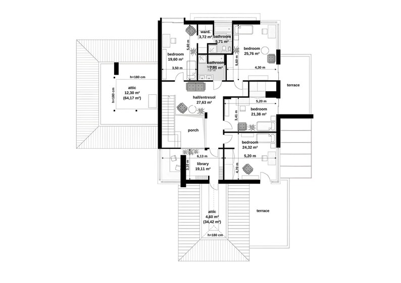 May include: A black and white architectural floor plan showing multiple rooms including bedrooms, bathrooms, a library, a porch, and attic spaces. The layout includes specific area measurements in square meters and dimensions in meters throughout.
