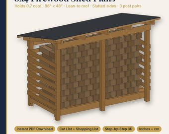 Firewood Shed Plans 8x4 | 0.7 Cord Wood Shed with Lean-To Roof and Slatted Sides | DIY Firewood Storage Rack Building Plans, PDF Download