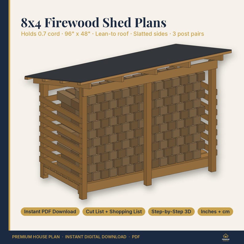 Firewood Shed Plans 8x4 | 0.7 Cord Wood Shed with Lean-To Roof and Slatted Sides | DIY Firewood Storage Rack Building Plans, PDF Download image 1