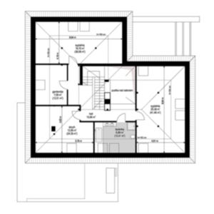 May include: A black and white architectural floor plan showing the layout of an upper level with multiple rooms, including bedrooms, a bathroom, a hallway, and a staircase. The diagram includes various measurements in meters and square meters.