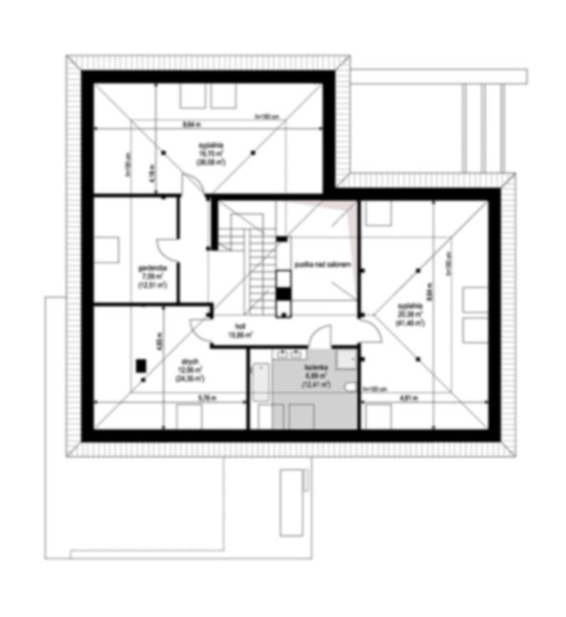 May include: A black and white architectural floor plan showing the layout of an upper level with multiple rooms, including bedrooms, a bathroom, a hallway, and a staircase. The diagram includes various measurements in meters and square meters.