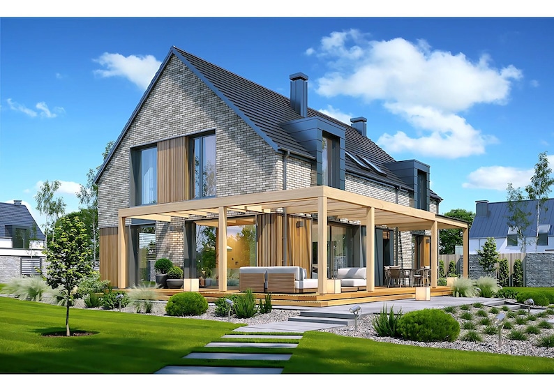 Pu&ograve; includere: Una casa a due piani con facciata in mattoni grigi e un pergolato in legno che si estende su una terrazza. La terrazza &egrave; dotata di sedute esterne con cuscini chiari. La casa ha un tetto a capanna scuro, ampie vetrate e pannelli in legno.