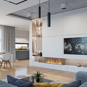 A cozy and elegant Scandinavian-inspired interior design, highlighting a stylish living area with clean lines and warm tones.