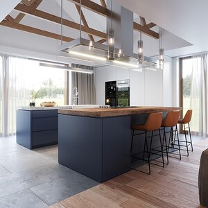 May include: A modern kitchen interior featuring a large dark blue island with a thick wooden countertop and three tan leather bar stools. Above the island hangs a rectangular metal range hood with integrated lighting and glass pendant lights.