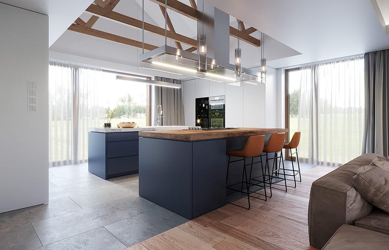 May include: A modern kitchen interior featuring a large dark blue island with a thick wooden countertop and three tan leather bar stools. Above the island hangs a rectangular metal range hood with integrated lighting and glass pendant lights.