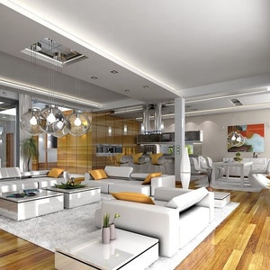 Spacious interior showcasing an open-plan living and dining area with modern furnishings. Perfect for contemporary house plans or barndominium layouts.