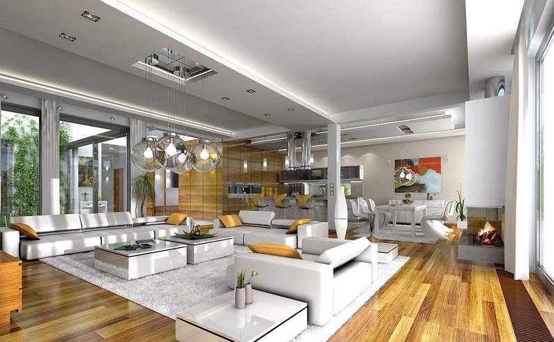 Spacious interior showcasing an open-plan living and dining area with modern furnishings. Perfect for contemporary house plans or barndominium layouts.