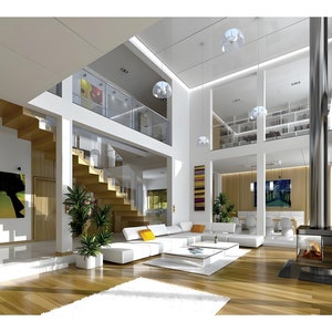 Spacious modern living room with white furniture natural wood accents and panoramic garden views an example of luxurious open floor plans and villa interior designs