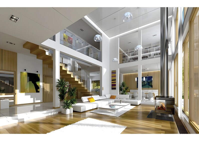 Spacious modern living room with white furniture natural wood accents and panoramic garden views an example of luxurious open floor plans and villa interior designs