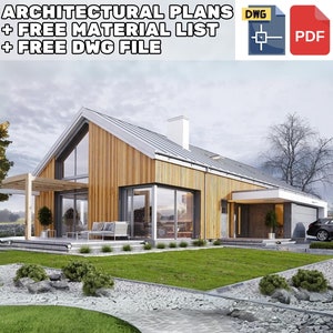 Modern Scandinavian house design: A modern Scandinavian house with wooden details, large windows, and a sleek sloped roof. Includes architectural house plans and DWG files. Perfect for tiny house plans or modern cottage house plans.