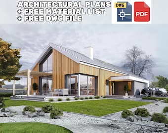 May include: A modern, single-story house with a wood siding exterior and large windows. The house has a covered patio with a pergola and a landscaped yard with a small stream.