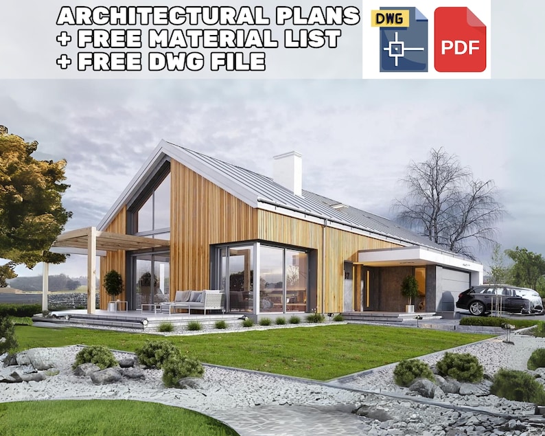 Modern Scandinavian house design: A modern Scandinavian house with wooden details, large windows, and a sleek sloped roof. Includes architectural house plans and DWG files. Perfect for tiny house plans or modern cottage house plans.