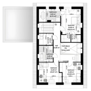 First floor plan of a modern villa featuring three bedrooms, two bathrooms, and a hall. Includes a void overlooking the living area below, optimizing space and light. Designed for privacy and functionality with detailed dimensions.