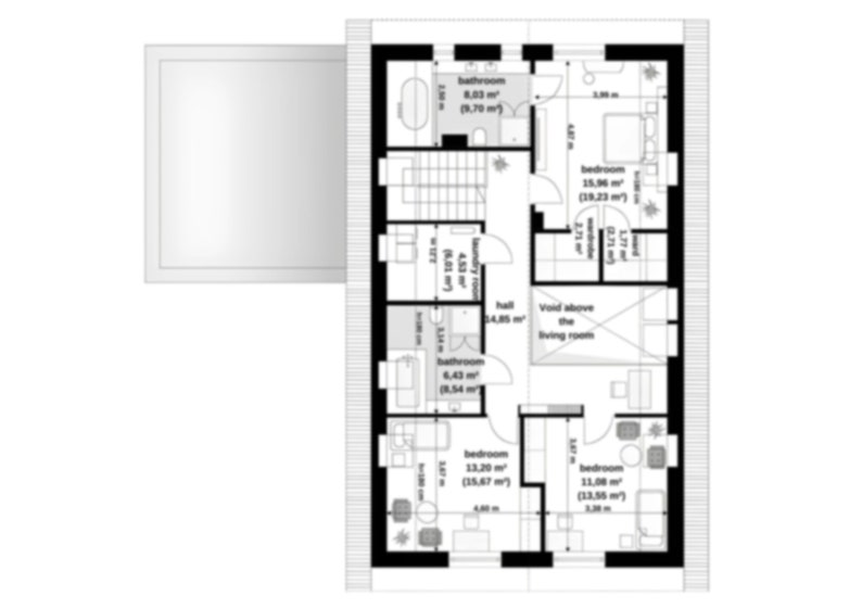 First floor plan of a modern villa featuring three bedrooms, two bathrooms, and a hall. Includes a void overlooking the living area below, optimizing space and light. Designed for privacy and functionality with detailed dimensions.
