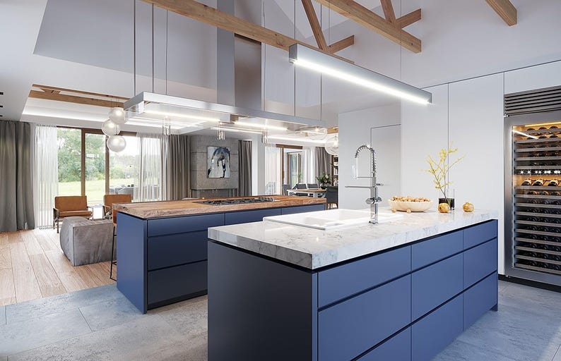 May include: A modern kitchen featuring two large islands with matte navy blue cabinetry and white marble countertops. One island includes a white sink with a chrome faucet. A tall wine refrigerator is built into the white wall cabinetry.